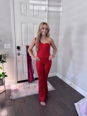 Red sequin jumpsuit one shoulder